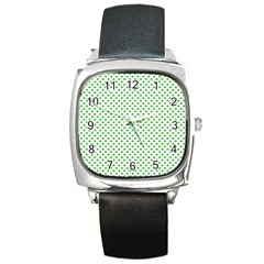 Green Heart-shaped Clover On White St  Patrick s Day Square Metal Watch by PodArtist