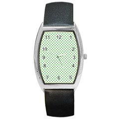 Green Heart-shaped Clover On White St  Patrick s Day Barrel Style Metal Watch by PodArtist