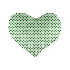 Green Heart-shaped Clover On White St  Patrick s Day Standard 16  Premium Heart Shape Cushions by PodArtist