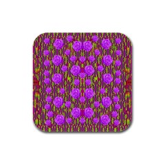 Roses Dancing On A Tulip Field Of Festive Colors Rubber Square Coaster (4 Pack)  by pepitasart