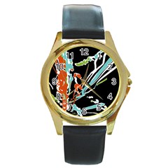 Multicolor Abstract Design Round Gold Metal Watch by dflcprints