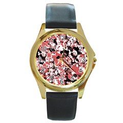 Textured Floral Collage Round Gold Metal Watch by dflcprints