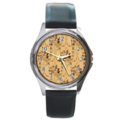 Vintage Floral Pattern Round Metal Watch by paulaoliveiradesign