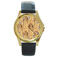 Vintage Floral Pattern Round Gold Metal Watch by paulaoliveiradesign