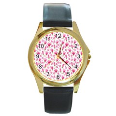 Watercolor Spring Flowers pattern Round Gold Metal Watch