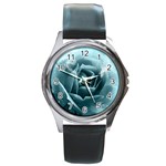 Beautiful Blue Roses With Water Drops Round Metal Watch Front