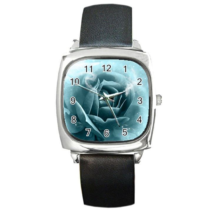 Beautiful Blue Roses With Water Drops Square Metal Watch