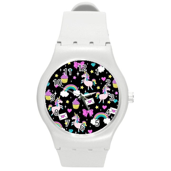 Cute Unicorn Pattern Round Plastic Sport Watch (M)