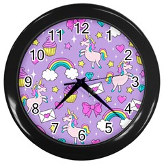 Cute Unicorn Pattern Wall Clocks (black) by Valentinaart