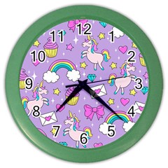 Cute Unicorn Pattern Color Wall Clocks by Valentinaart