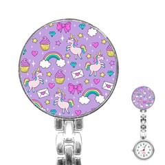 Cute Unicorn Pattern Stainless Steel Nurses Watch by Valentinaart