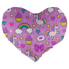 Cute Unicorn Pattern Large 19  Premium Flano Heart Shape Cushions by Valentinaart