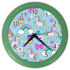 Cute Unicorn Pattern Color Wall Clocks by Valentinaart