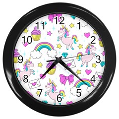 Cute Unicorn Pattern Wall Clocks (black) by Valentinaart