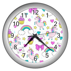 Cute Unicorn Pattern Wall Clocks (silver)  by Valentinaart