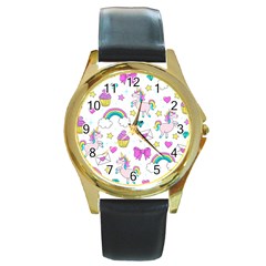 Cute Unicorn Pattern Round Gold Metal Watch by Valentinaart