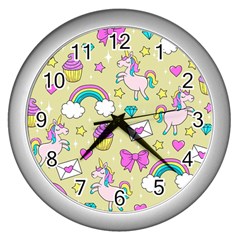 Cute Unicorn Pattern Wall Clocks (silver)  by Valentinaart