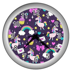 Cute Unicorn Pattern Wall Clocks (silver)  by Valentinaart