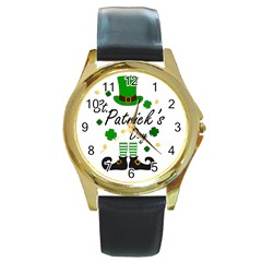 St Patricks Leprechaun Round Gold Metal Watch