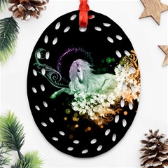 Wonderful Unicorn With Flowers Oval Filigree Ornament (two Sides) by FantasyWorld7