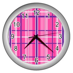 Gingham Hot Pink Navy White Wall Clocks (silver)  by Nexatart