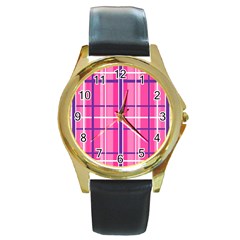 Gingham Hot Pink Navy White Round Gold Metal Watch