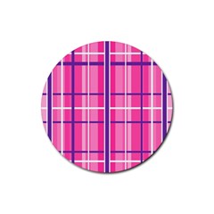 Gingham Hot Pink Navy White Rubber Round Coaster (4 pack) 