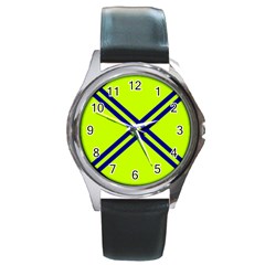 Stripes Angular Diagonal Lime Green Round Metal Watch by Nexatart