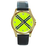 Stripes Angular Diagonal Lime Green Round Gold Metal Watch Front