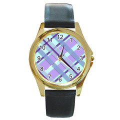 Diagonal Plaid Gingham Stripes Round Gold Metal Watch by Nexatart