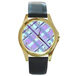 Diagonal Plaid Gingham Stripes Round Gold Metal Watch Front