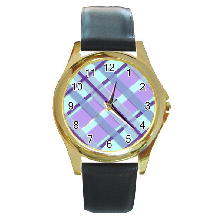 Diagonal Plaid Gingham Stripes Round Gold Metal Watch