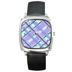 Diagonal Plaid Gingham Stripes Square Metal Watch by Nexatart