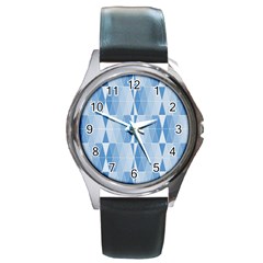 Blue Monochrome Geometric Design Round Metal Watch by Nexatart