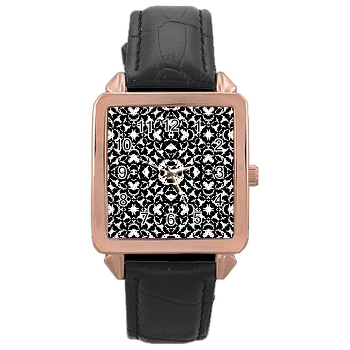 Black And White Geometric Pattern Rose Gold Leather Watch 