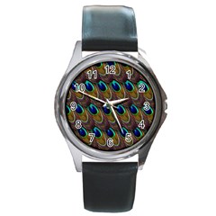 Peacock Feathers Bird Plumage Round Metal Watch by Nexatart