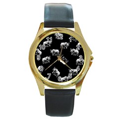 Rhino Pattern Round Gold Metal Watch by Valentinaart