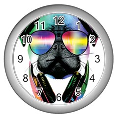 Dj Pug Cool Dog Wall Clocks (silver)  by alexamerch