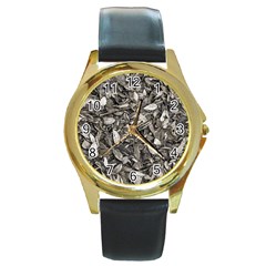 Black And White Leaves Pattern Round Gold Metal Watch by dflcprints