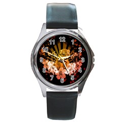 Cute Little Tiger With Flowers Round Metal Watch by FantasyWorld7