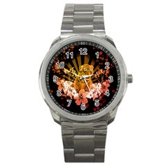 Cute Little Tiger With Flowers Sport Metal Watch by FantasyWorld7