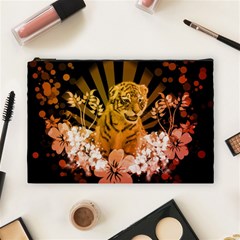 Cute Little Tiger With Flowers Cosmetic Bag (large)  by FantasyWorld7