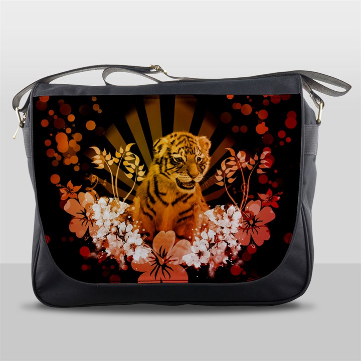 Cute Little Tiger With Flowers Messenger Bags