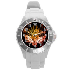 Cute Little Tiger With Flowers Round Plastic Sport Watch (l) by FantasyWorld7