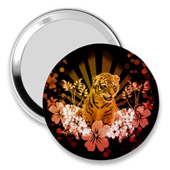 Cute Little Tiger With Flowers 3  Handbag Mirrors by FantasyWorld7