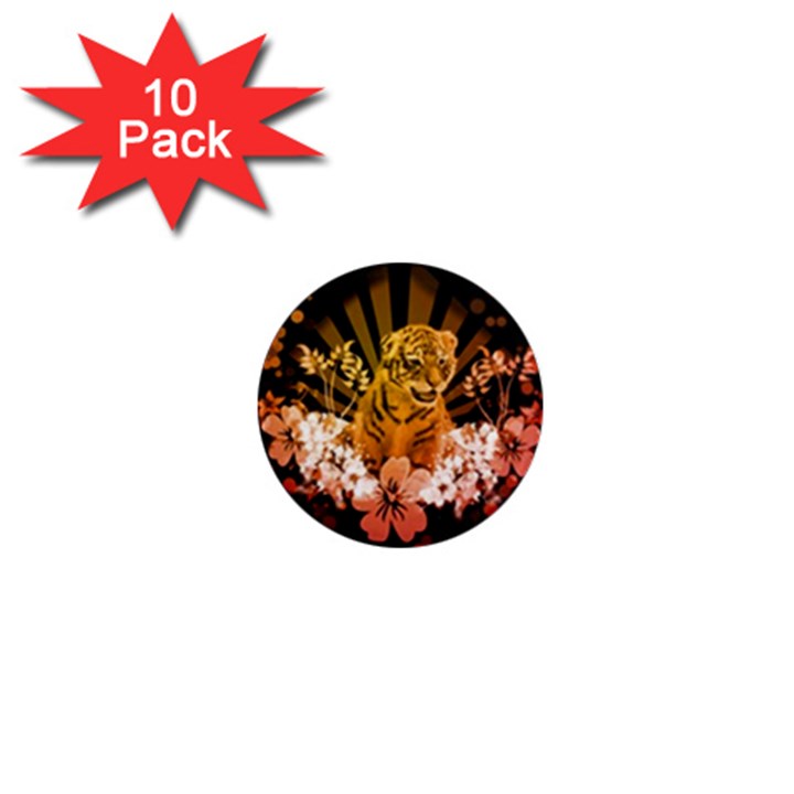 Cute Little Tiger With Flowers 1  Mini Magnet (10 pack) 