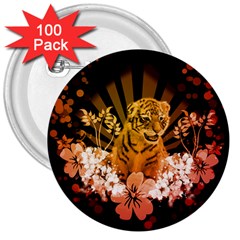 Cute Little Tiger With Flowers 3  Buttons (100 Pack)  by FantasyWorld7