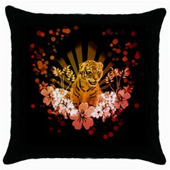 Cute Little Tiger With Flowers Throw Pillow Case (black) by FantasyWorld7