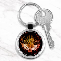 Cute Little Tiger With Flowers Key Chains (round)  by FantasyWorld7