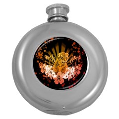 Cute Little Tiger With Flowers Round Hip Flask (5 Oz) by FantasyWorld7